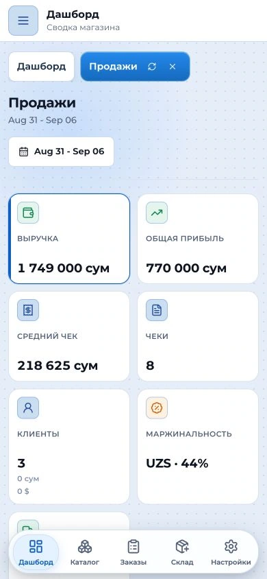 Настоящий мобильный Back Office FLOREX: восемь чеков и выручка 1 749 000 сум
